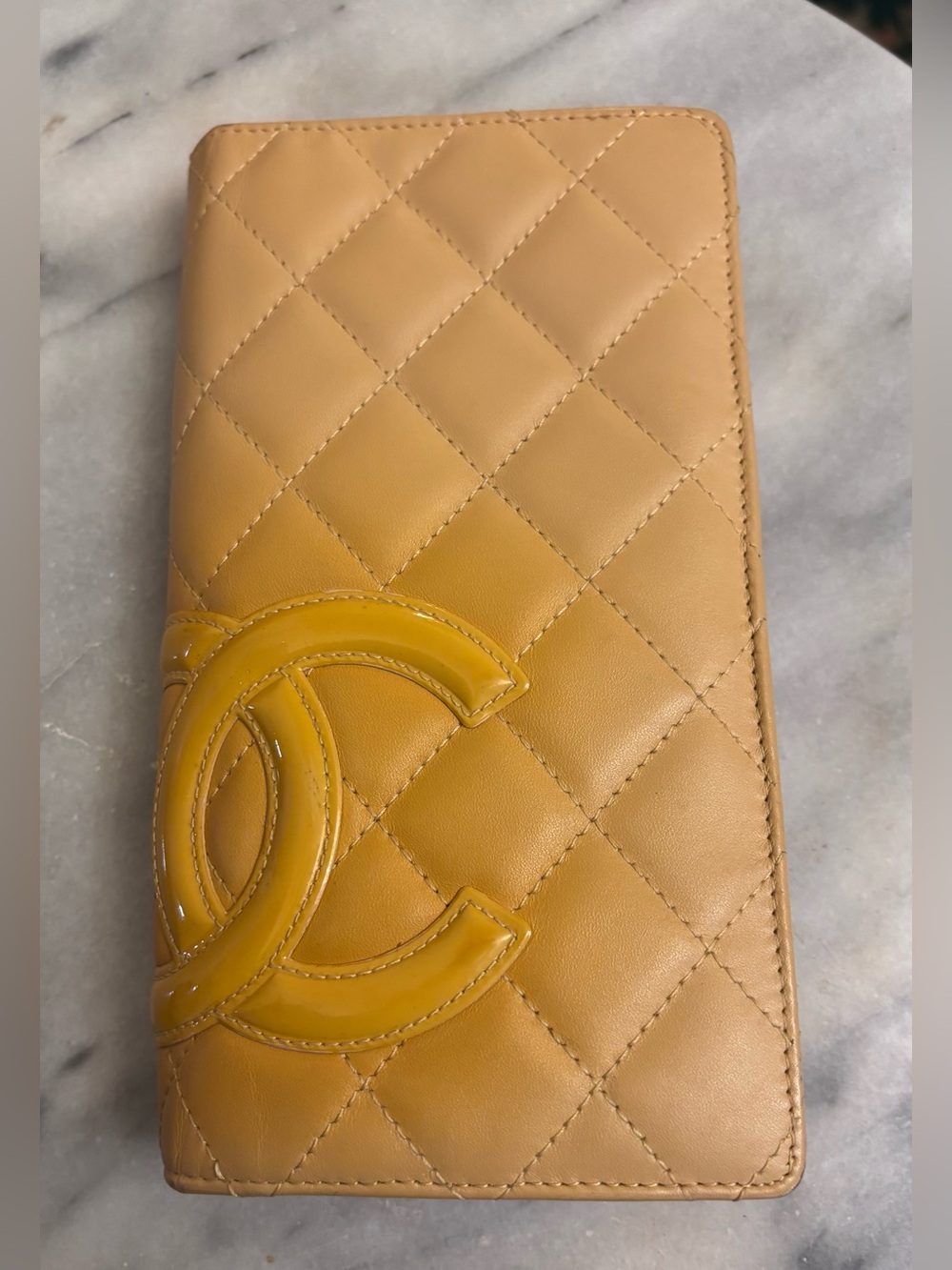 Authentic Chanel Cambon Ligne Beige Quilted Lambskin Long Wallet w/COA